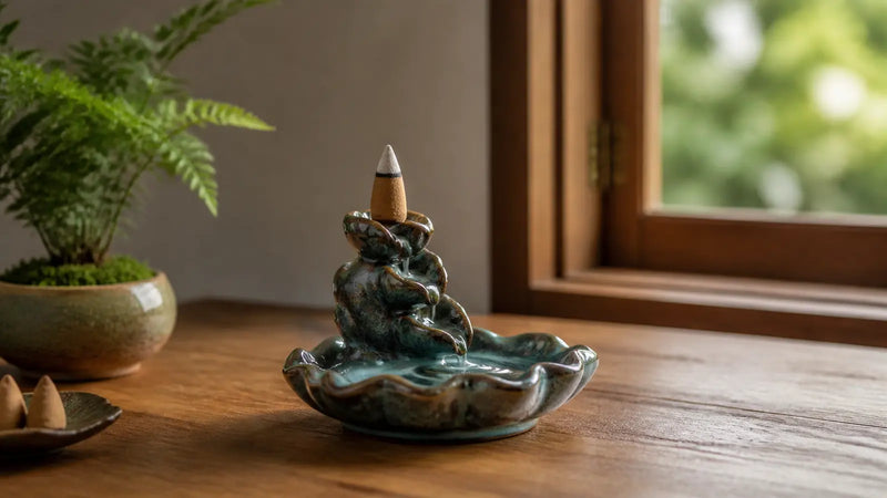 A safety-first ceramic incense holder near an open window.