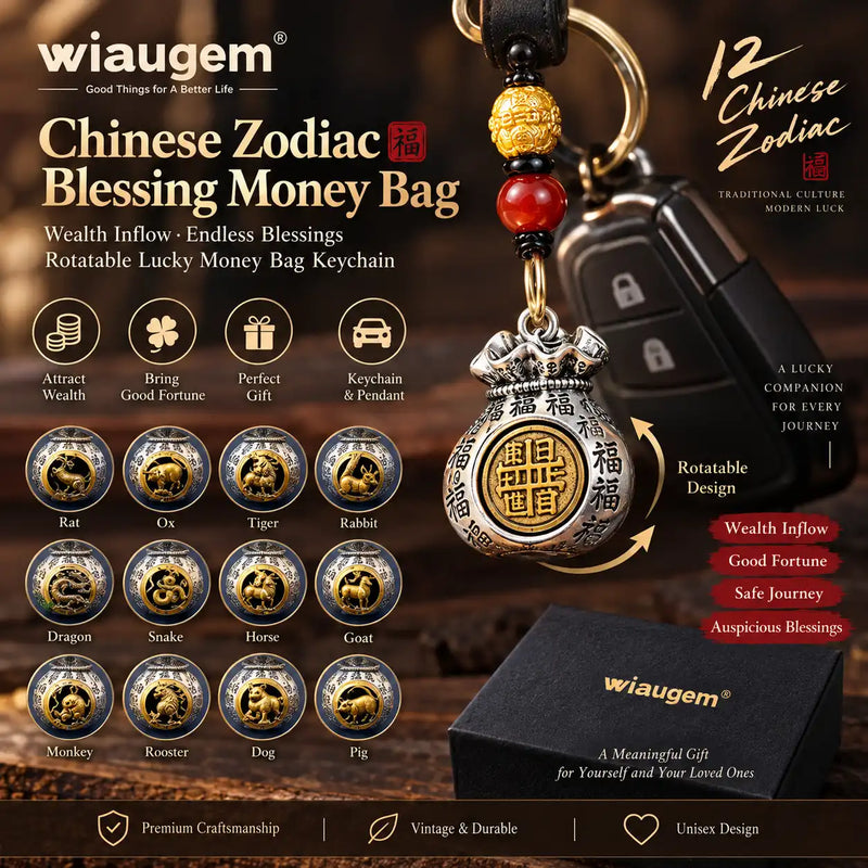 WIAUGEM Chinese Zodiac Blessing Money Bag Rotatable Keychain