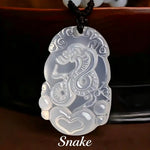 Wiaugem Chinese Zodiac White Chalcedony Pendant | Hand-Carved 12 Zodiac Talisman Necklace for Good Fortune, Protection &amp; Positive Energy