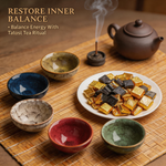 Five Elements Transforming Tea Cup Set (5pcs) + 5-Year Aged Pu’er Tea Cubes | Handcrafted Kiln Glaze Cups, Gold-Wrapped Mini Tea Bricks, Traditional Chinese Wellness Tea Set