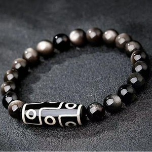 Nine Eye Dzi Bracelet | Natural Black Obsidian Protection