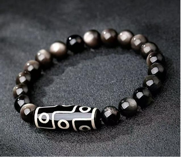 Nine Eye Dzi Bracelet | Natural Black Obsidian Protection
