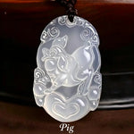 Wiaugem Chinese Zodiac White Chalcedony Pendant | Hand-Carved 12 Zodiac Talisman Necklace for Good Fortune, Protection &amp; Positive Energy