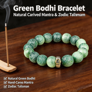Green Bodhi Bracelet | Natural Carved Mantra & Zodiac Talisman