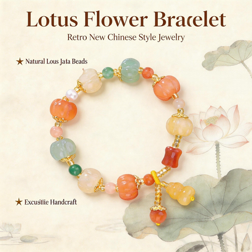 Lotus flower bracelet with gold-tone links and pink, green, and orange bead charms