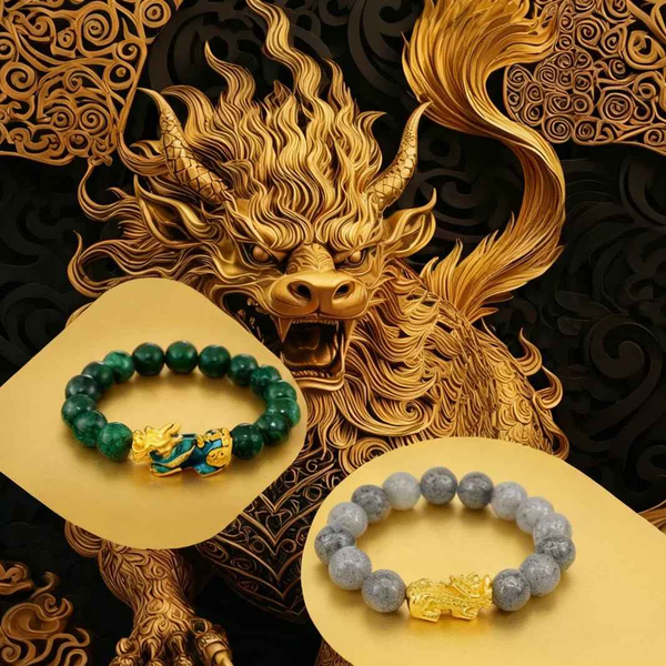 Jade pi xiu bracelet set: green beads and gray beads with gold figurine charms