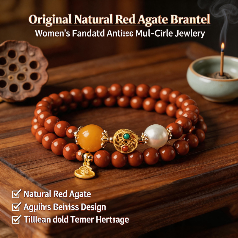 Original Natural Red Agate Bracelet for Women - Handmade Antique Multi-Circle Auspicious Jewelry from Millennium Old Templer