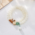 WIAUGEM Double Wrap White Jade Bodhi Lotus Pendant Bracelet