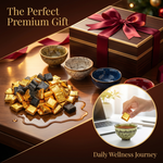 Five Elements Transforming Tea Cup Set (5pcs) + 5-Year Aged Pu’er Tea Cubes | Handcrafted Kiln Glaze Cups, Gold-Wrapped Mini Tea Bricks, Traditional Chinese Wellness Tea Set
