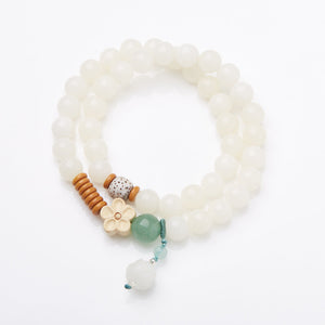 WIAUGEM Double Wrap White Jade Bodhi Lotus Pendant Bracelet
