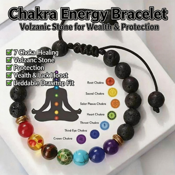 Chakra energy bracelet with black lava stone beads and multicolor gemstone accent beads