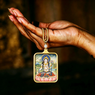 Handmade White Tara Thangka Amulet Pendant | Compassion, Longevity & Divine Protection