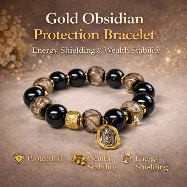 Gold obsidian protection bracelet with black round beads, gold charms, and clear patterned stones.