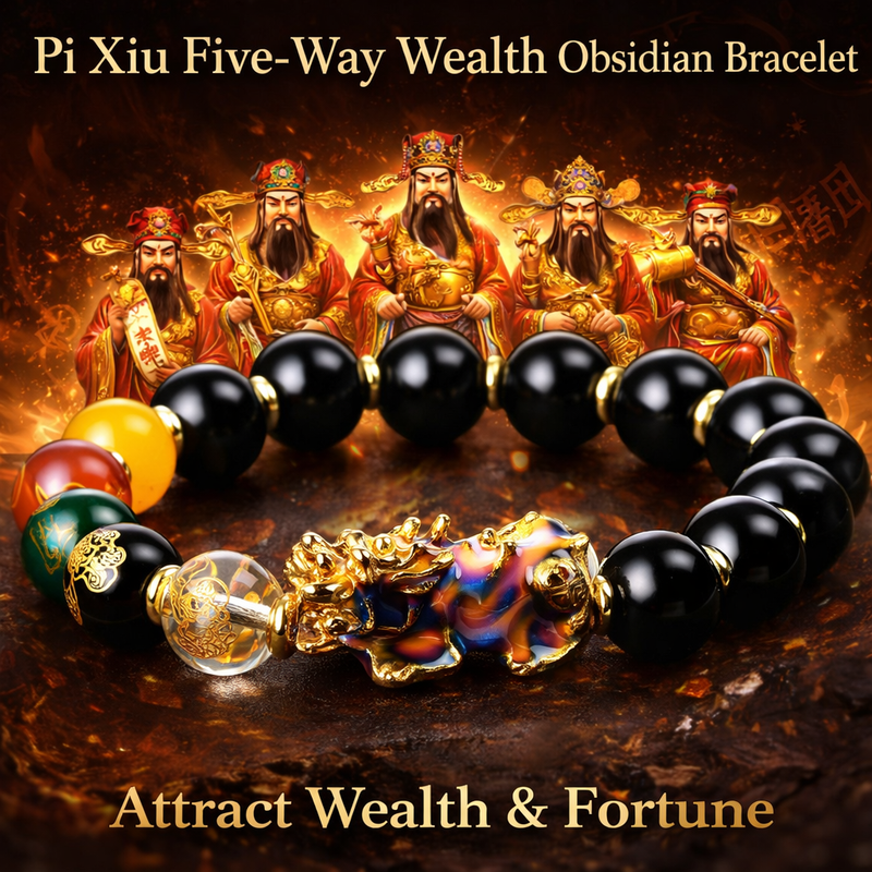 Five Gods of Wealth Obsidian Bracelet
