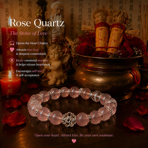 Rose quartz beaded love bracelet with round pink stones and silver-tone heart charm