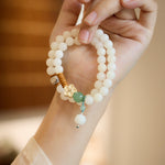 WIAUGEM Double Wrap White Jade Bodhi Lotus Pendant Bracelet