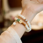 WIAUGEM Double Wrap White Jade Bodhi Lotus Pendant Bracelet