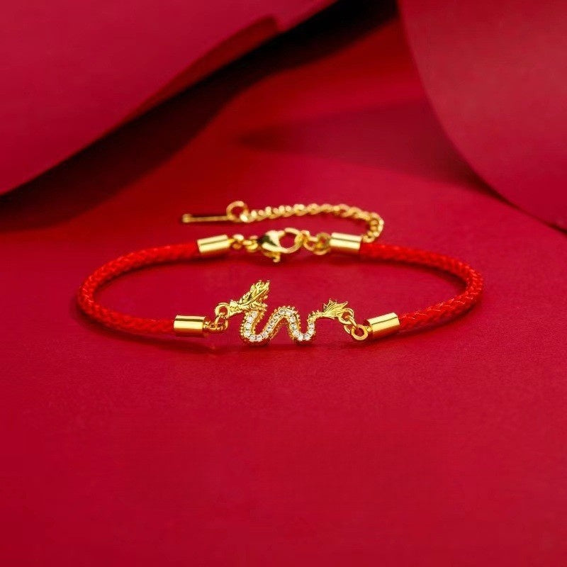 Gold-Colored Copper Red String Dragon Luck Bracelet