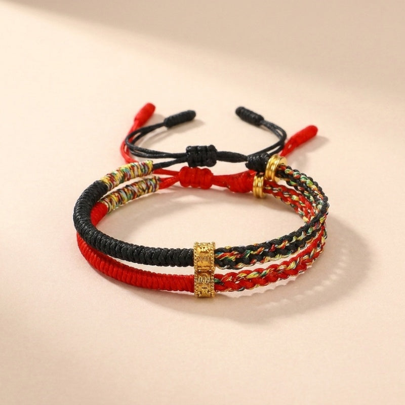 Om Mani Padme Hum Red & Black String Bracelets - Luck & Protection