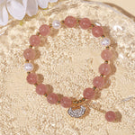 Strawberry Quartz Pearl Beaded Lock Charm Pendant Bracelet