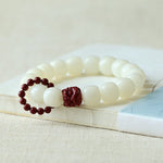 WIAUGEM White Jade Bodhi Cinnabar Lion Harmony Bracelet