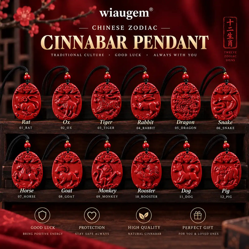Wiaugem Chinese Zodiac Cinnabar Pendant | Natural Cinnabar Zodiac Talisman for Protection, Good Luck & Prosperity