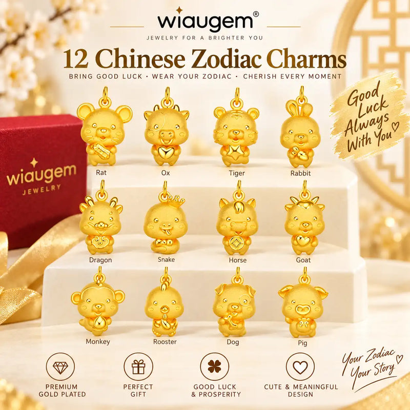 Wiaugem 12 Chinese Zodiac Sand Gold Charms | Cute 3D Zodiac Animal Lucky Pendant for Good Fortune, Prosperity &amp; Positive Energy