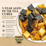 Five Elements Transforming Tea Cup Set (5pcs) + 5-Year Aged Pu’er Tea Cubes | Handcrafted Kiln Glaze Cups, Gold-Wrapped Mini Tea Bricks, Traditional Chinese Wellness Tea Set