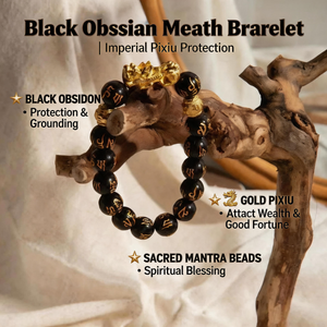 Black bead wealth bracelet with gold Pixiu charm and round engraved bead accents