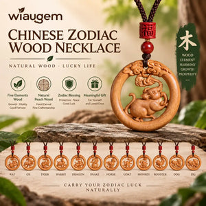 Wiaugem Chinese Zodiac Peach Wood Necklace | Hand-Carved 12 Zodiac Talisman for Protection, Good Fortune &amp; Positive Energy