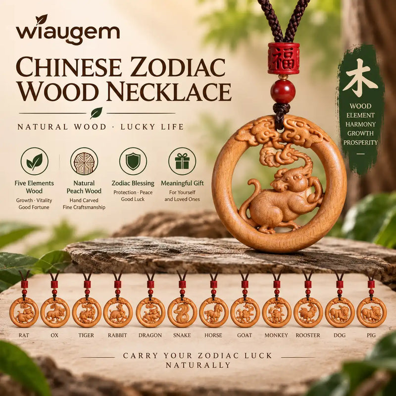 Wiaugem Chinese Zodiac Peach Wood Necklace | Hand-Carved 12 Zodiac Talisman for Protection, Good Fortune &amp; Positive Energy