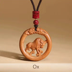 Wiaugem Chinese Zodiac Peach Wood Necklace | Hand-Carved 12 Zodiac Talisman for Protection, Good Fortune &amp; Positive Energy